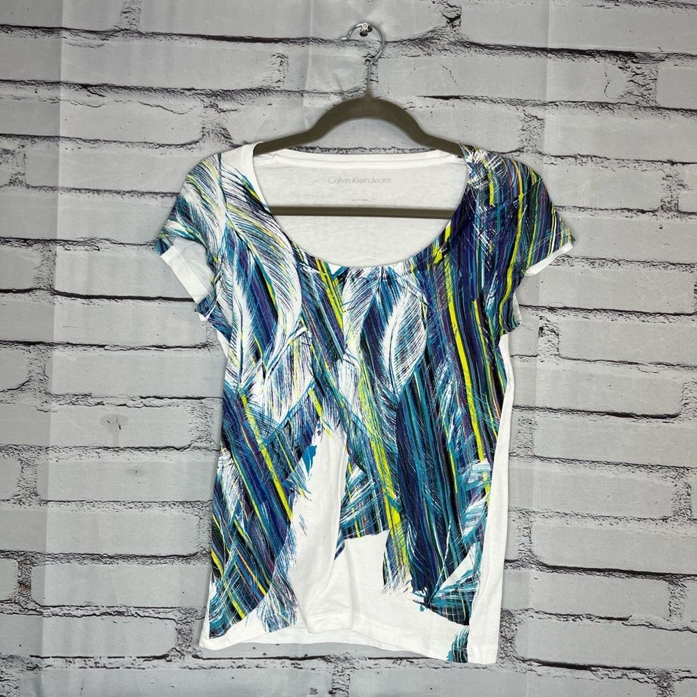 Calvin Klein Jeans Women's Blue Feather Print Top SZ Petite S Crew Relaxed Fit